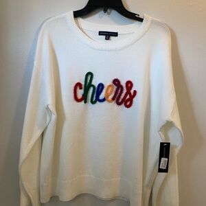 Adrienne Vittadini White Crewneck Sweater with Multicolor 'cheers' Script
